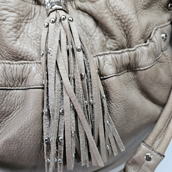 B. Makowsky Camel Leather Tassel Drawstring Accent Hobo Shoulder Bag - Picture 2 of 11